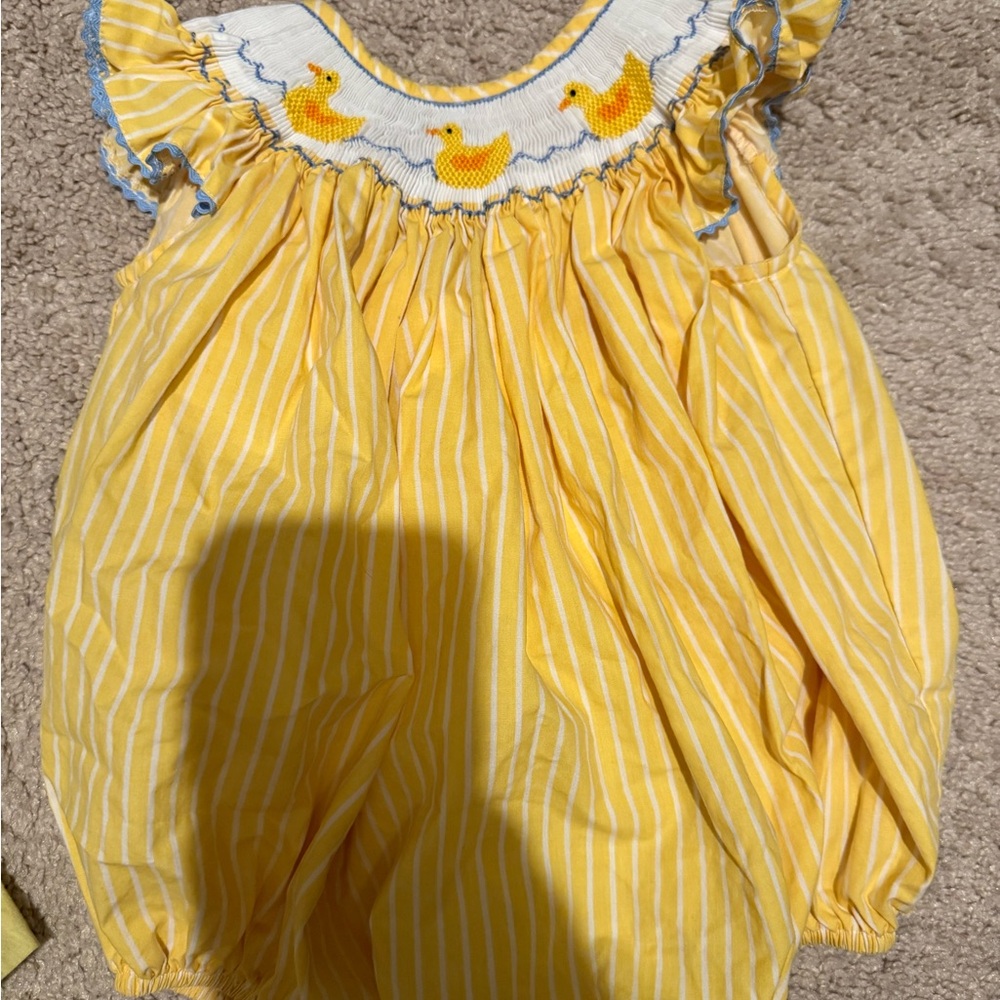 Yellow Smocked Baby bubble romper with Duck Embroidery